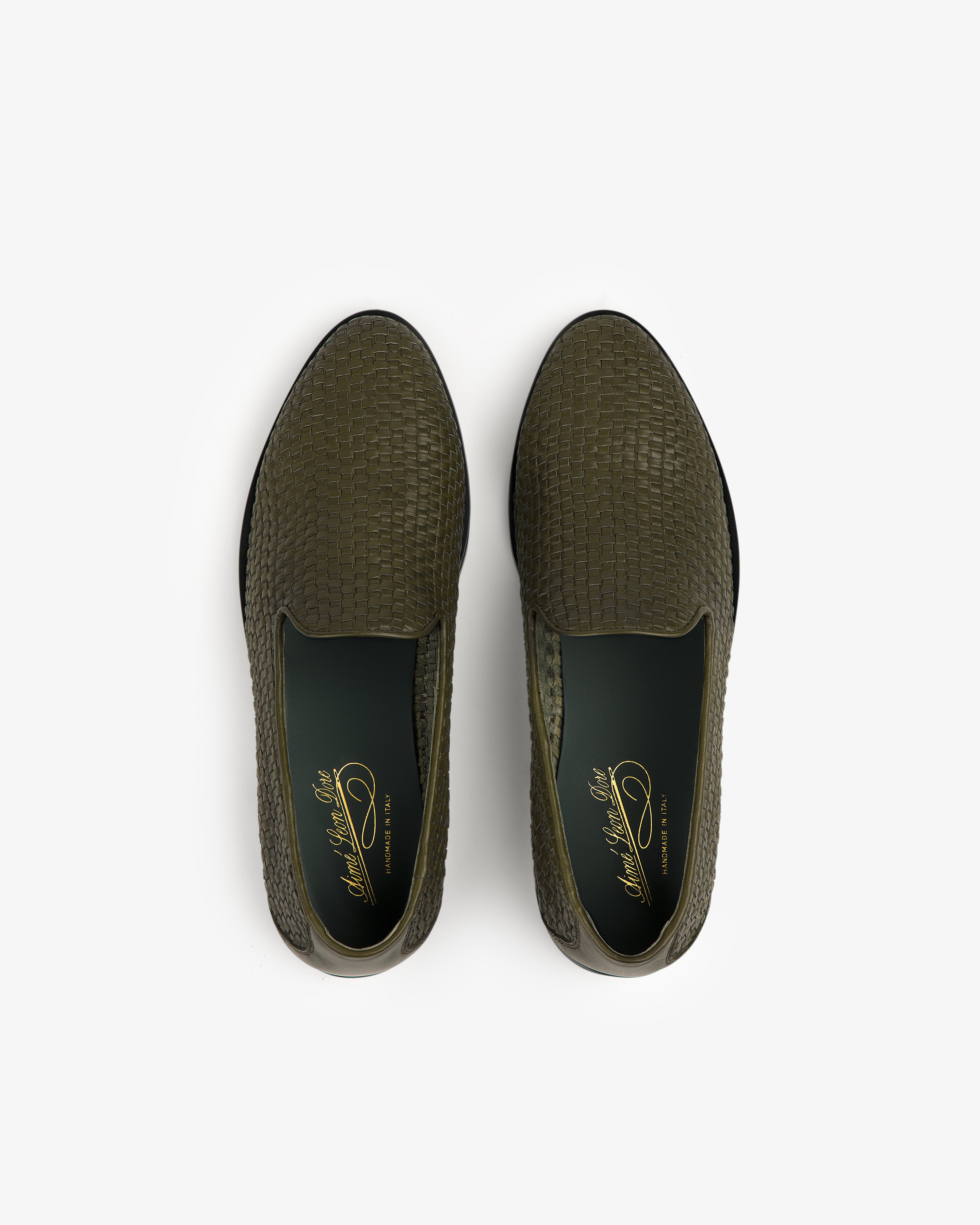 Leather Raffia Loafer in olive green with textured finish, dark insoles, and gold branding viewed from above on white.