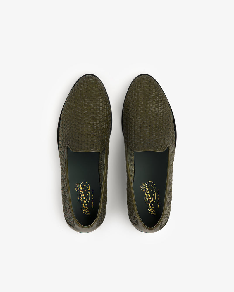Leather Raffia Loafer in olive green with textured finish, dark insoles, and gold branding viewed from above on white.