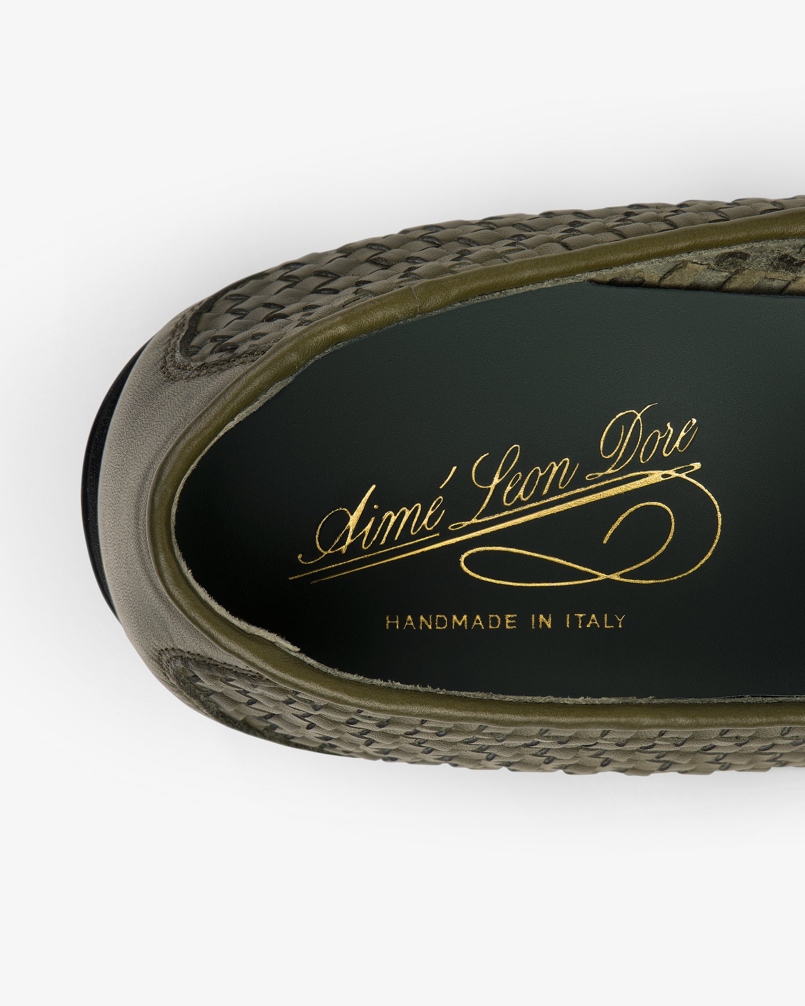 Olive green Leather Raffia Loafer with Aimé Leon Dore Handmade in Italy in gold script on the insole.