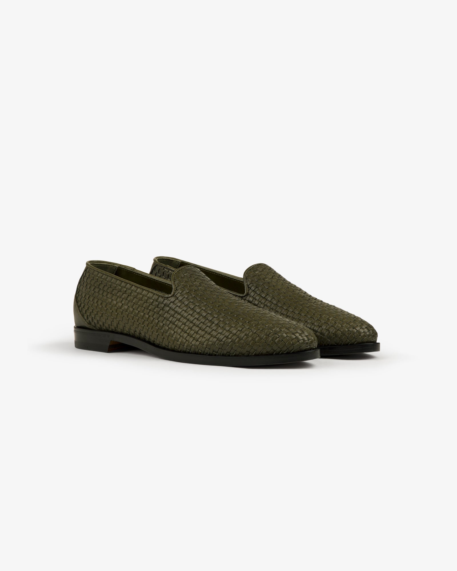 Leather Raffia Loafer in olive green with black soles, shown against a plain white background.