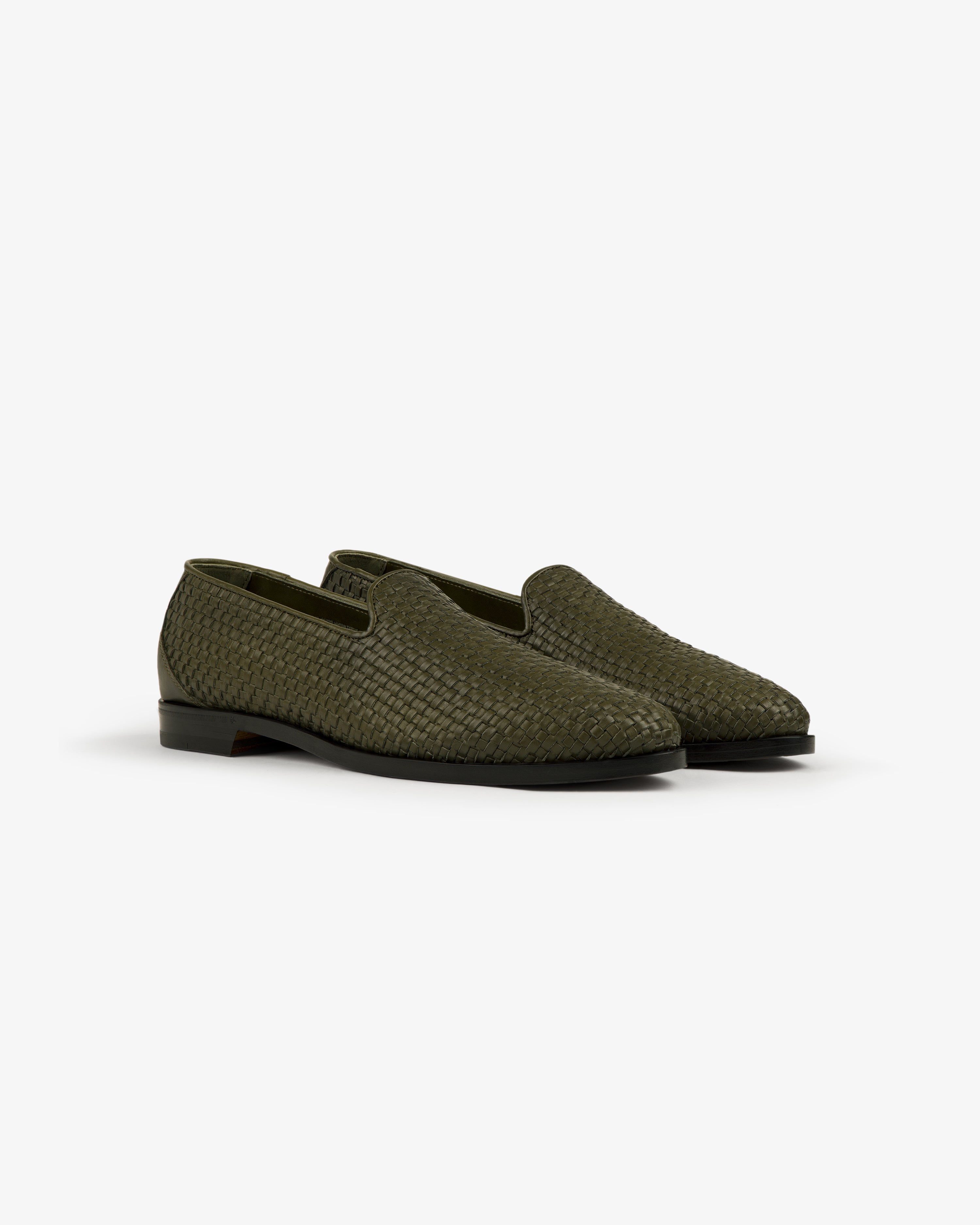 Leather Raffia Loafer in olive green with black soles, shown against a plain white background.
