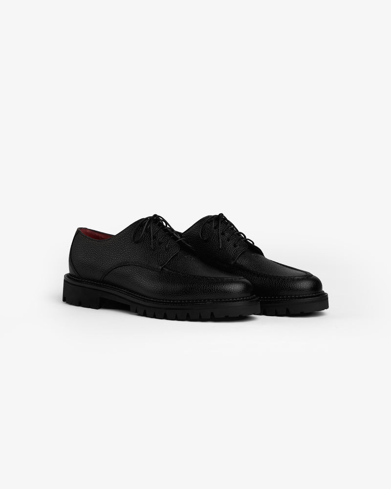 Leather Lug Sole Derby shoes in black textured leather with thick lug soles.