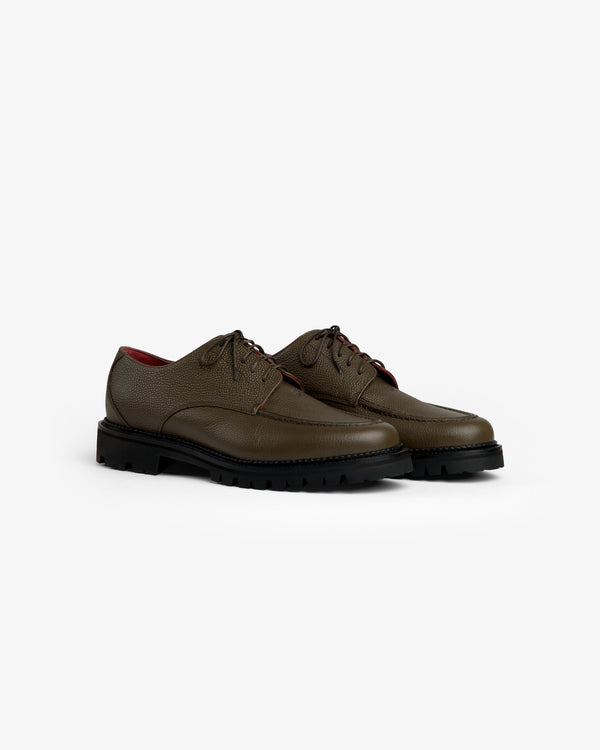 Olive green Leather Lug Sole Derby shoes with thick lug soles.