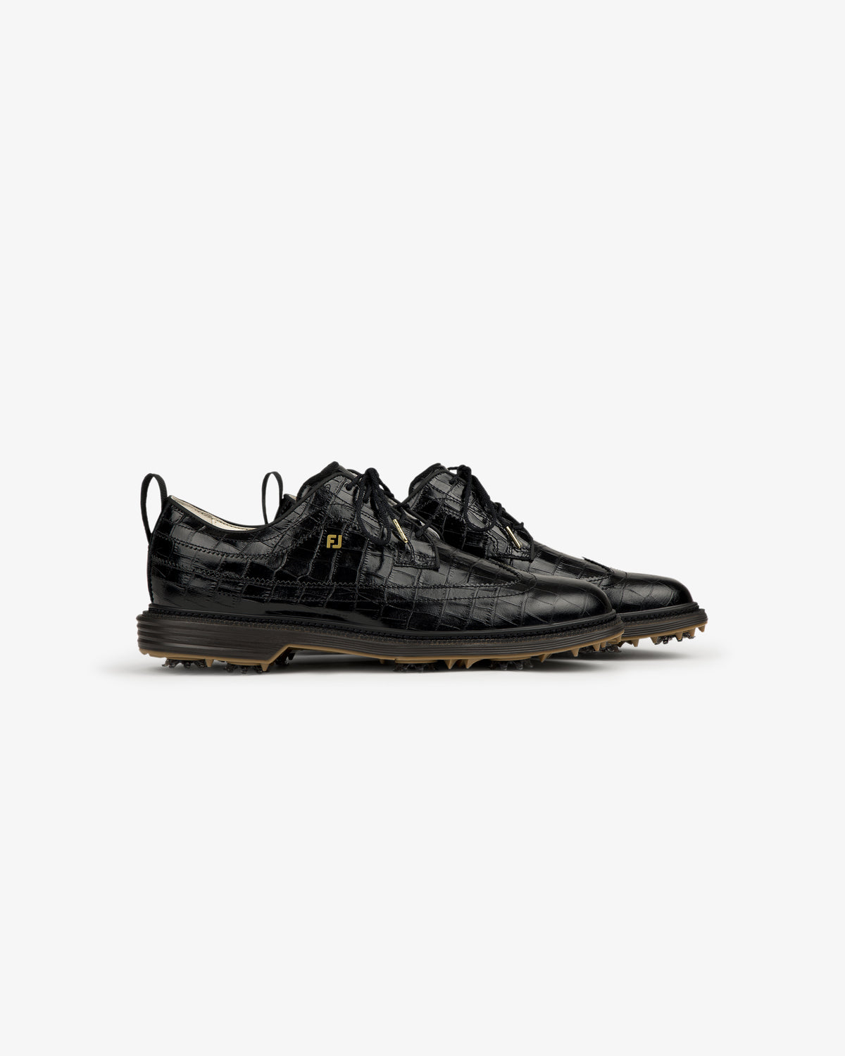 ALD / Footjoy Croc-Embossed Premiere Series Marquis golf shoes with lace-up fronts and gold logo accents, side view.