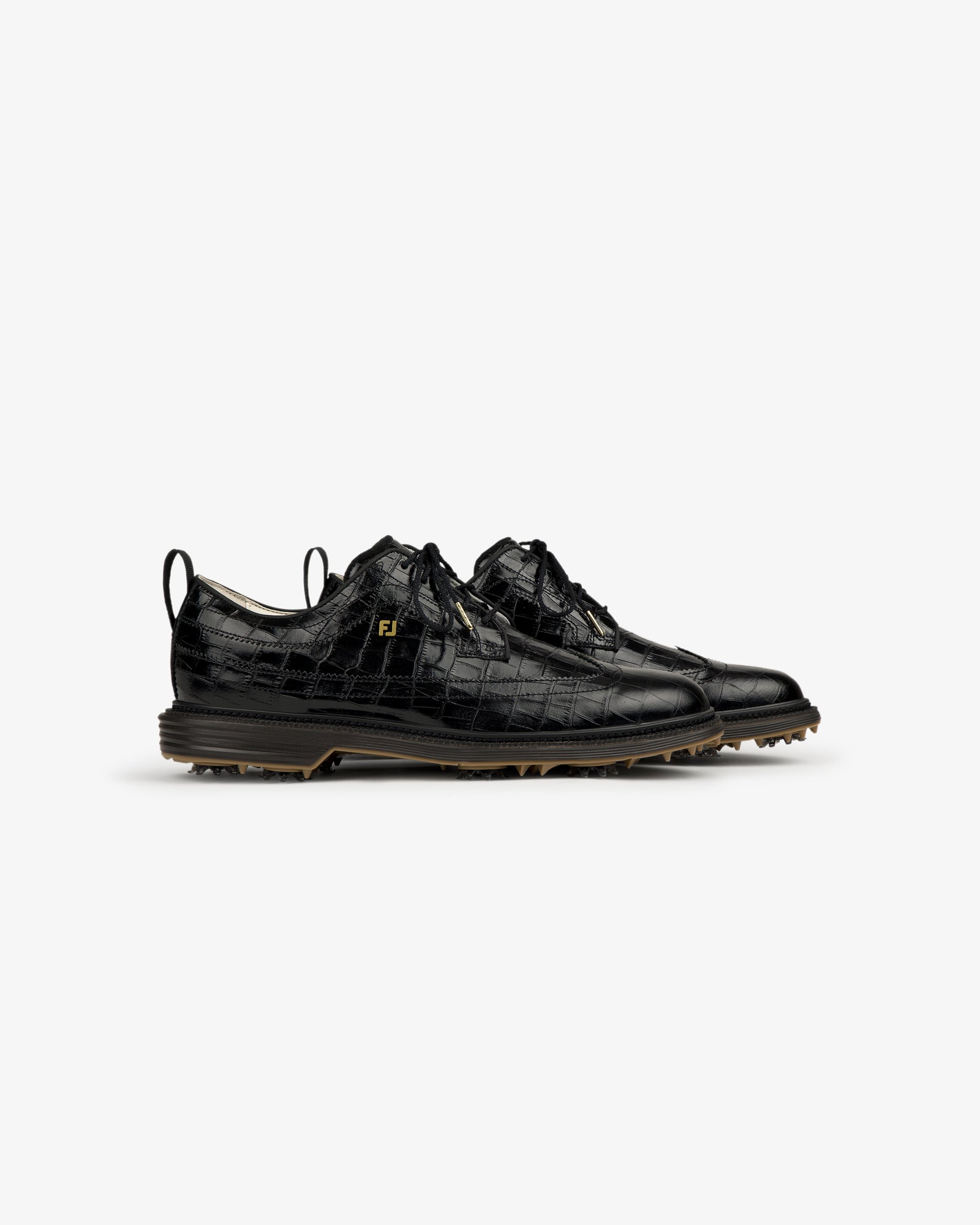 ALD / Footjoy Croc-Embossed Premiere Series Marquis golf shoes with lace-up fronts and gold logo accents, side view.
