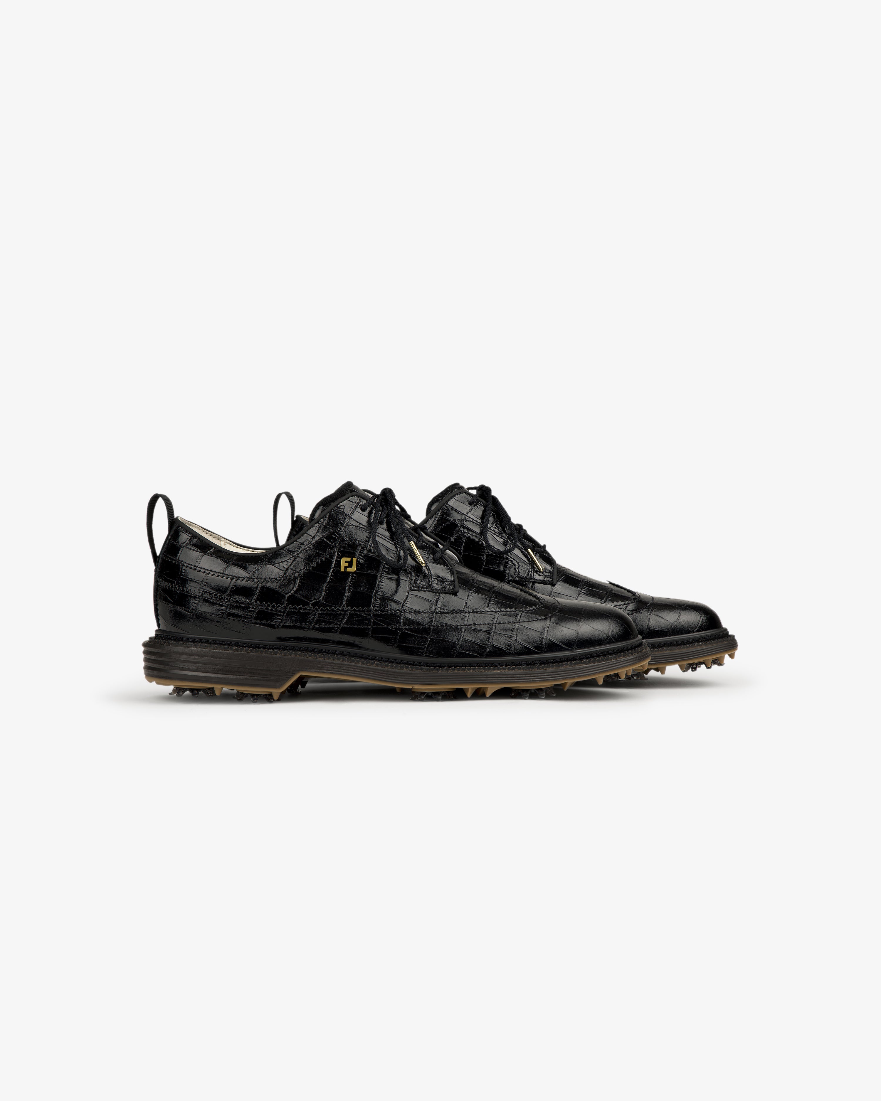 ALD / Footjoy Croc-Embossed Premiere Series Marquis golf shoes with lace-up fronts and gold logo accents, side view.