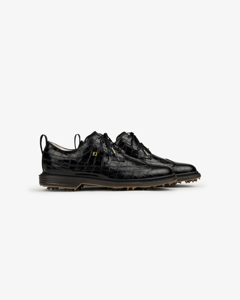 ALD / Footjoy Croc-Embossed Premiere Series Marquis golf shoes with lace-up fronts and gold logo accents, side view.