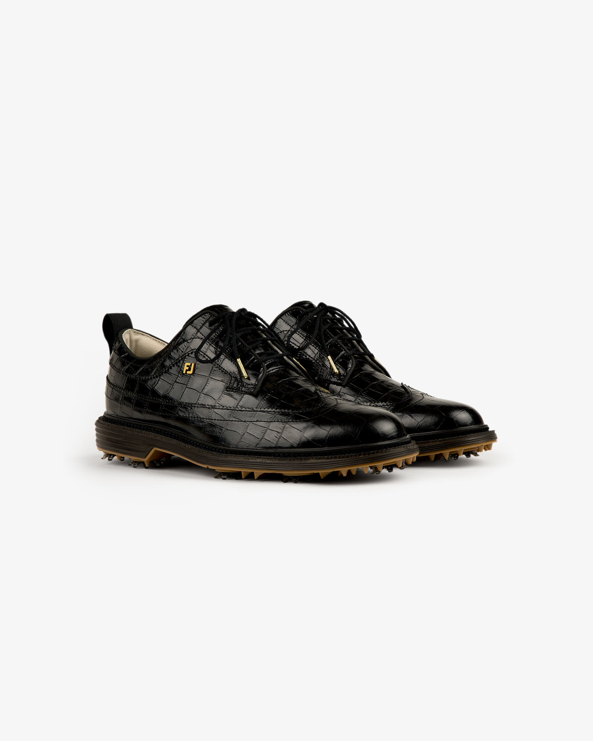 ALD / Footjoy Croc-Embossed Premiere Series Marquis: black leather golf shoes with brown spiked soles.