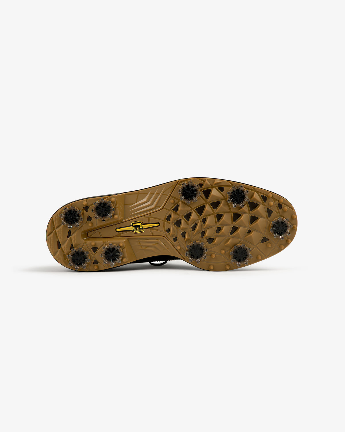 ALD / Footjoy Croc-Embossed Premiere Series Marquis sole: brown with black spikes and yellow center logo, bottom view.