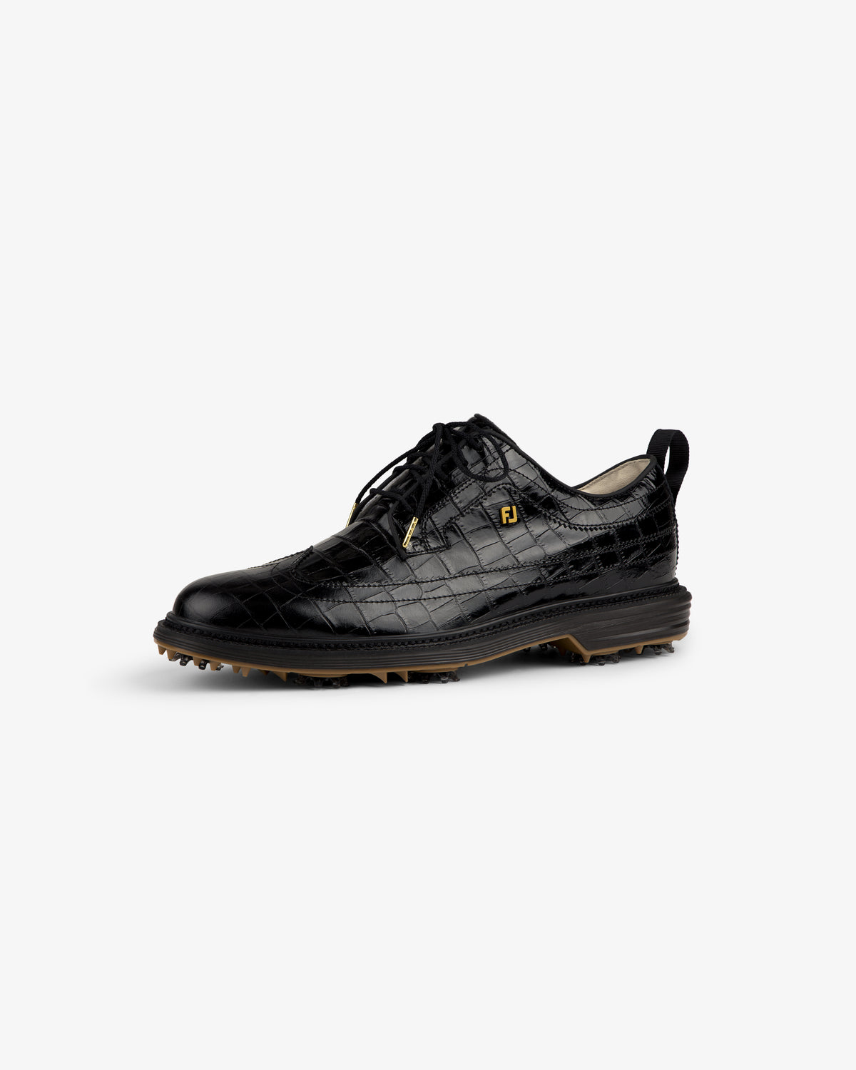 ALD / Footjoy Croc-Embossed Premiere Series Marquis golf shoe in black with gold accents and brown sole, on white background.