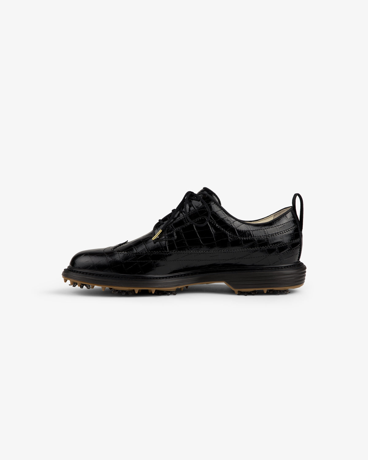 ALD / Footjoy Croc-Embossed Premiere Series Marquis: black leather golf shoe with spiked sole, side view.