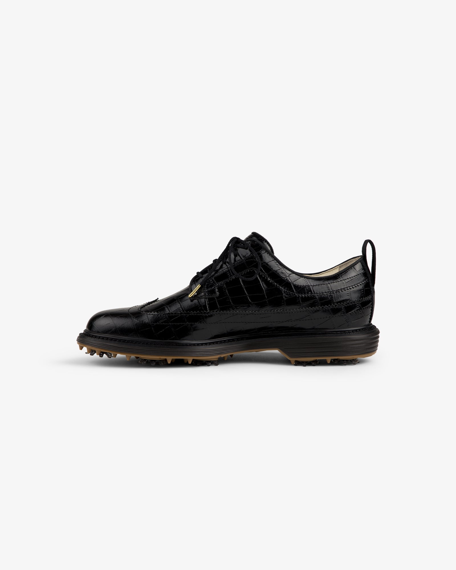 ALD / Footjoy Croc-Embossed Premiere Series Marquis: black leather golf shoe with spiked sole, side view.