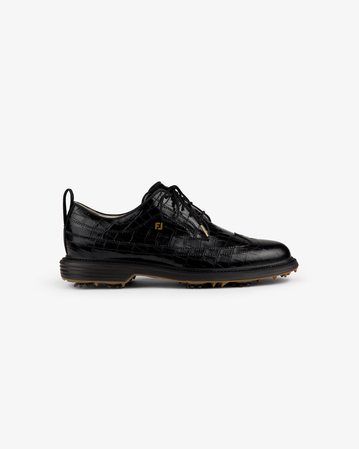 ALD / Footjoy Croc-Embossed Premiere Series Marquis: black leather golf shoe with textured pattern, lace-up, FJ logo.