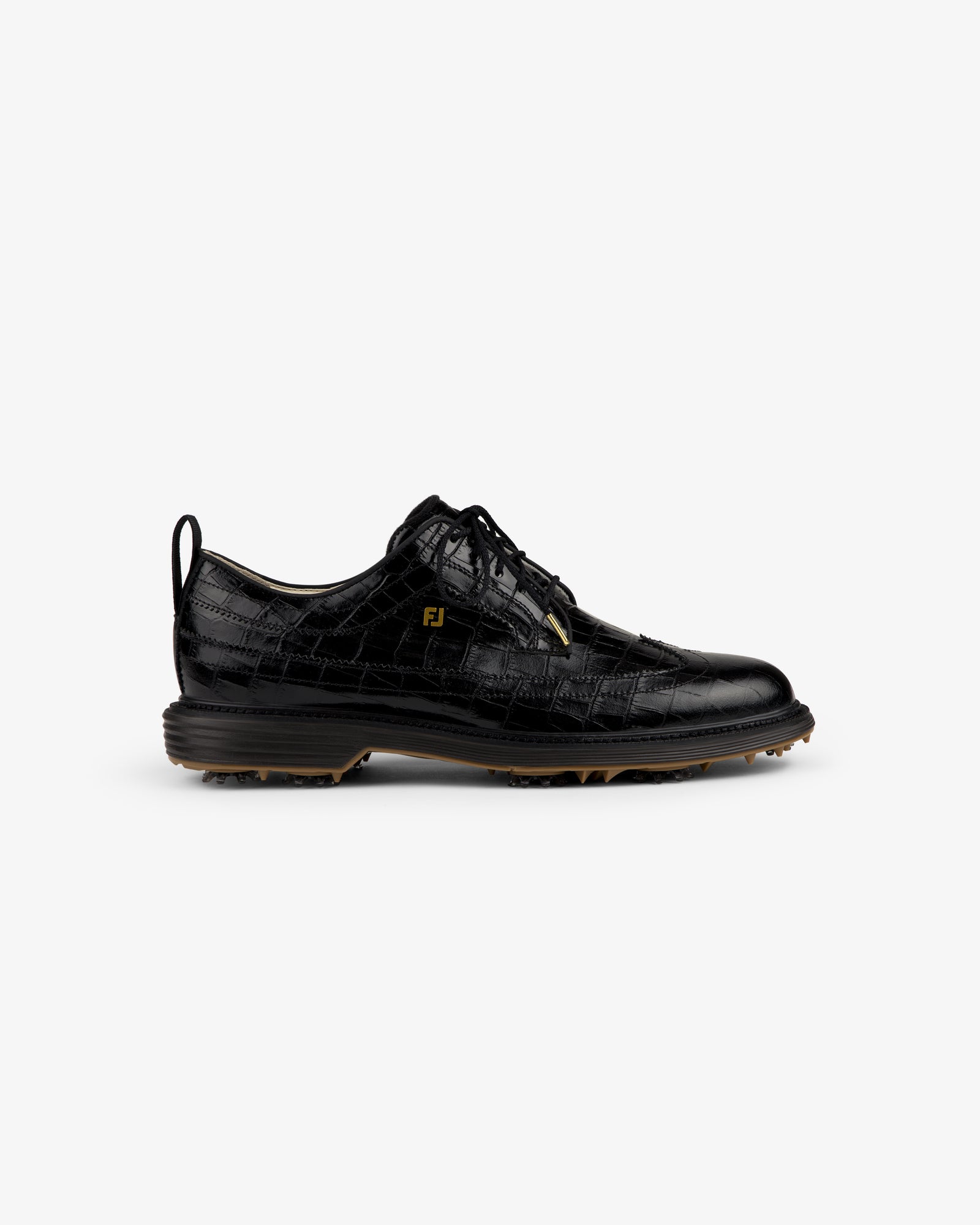 ALD / Footjoy Croc-Embossed Premiere Series Marquis: black leather golf shoe with textured pattern, lace-up, FJ logo.