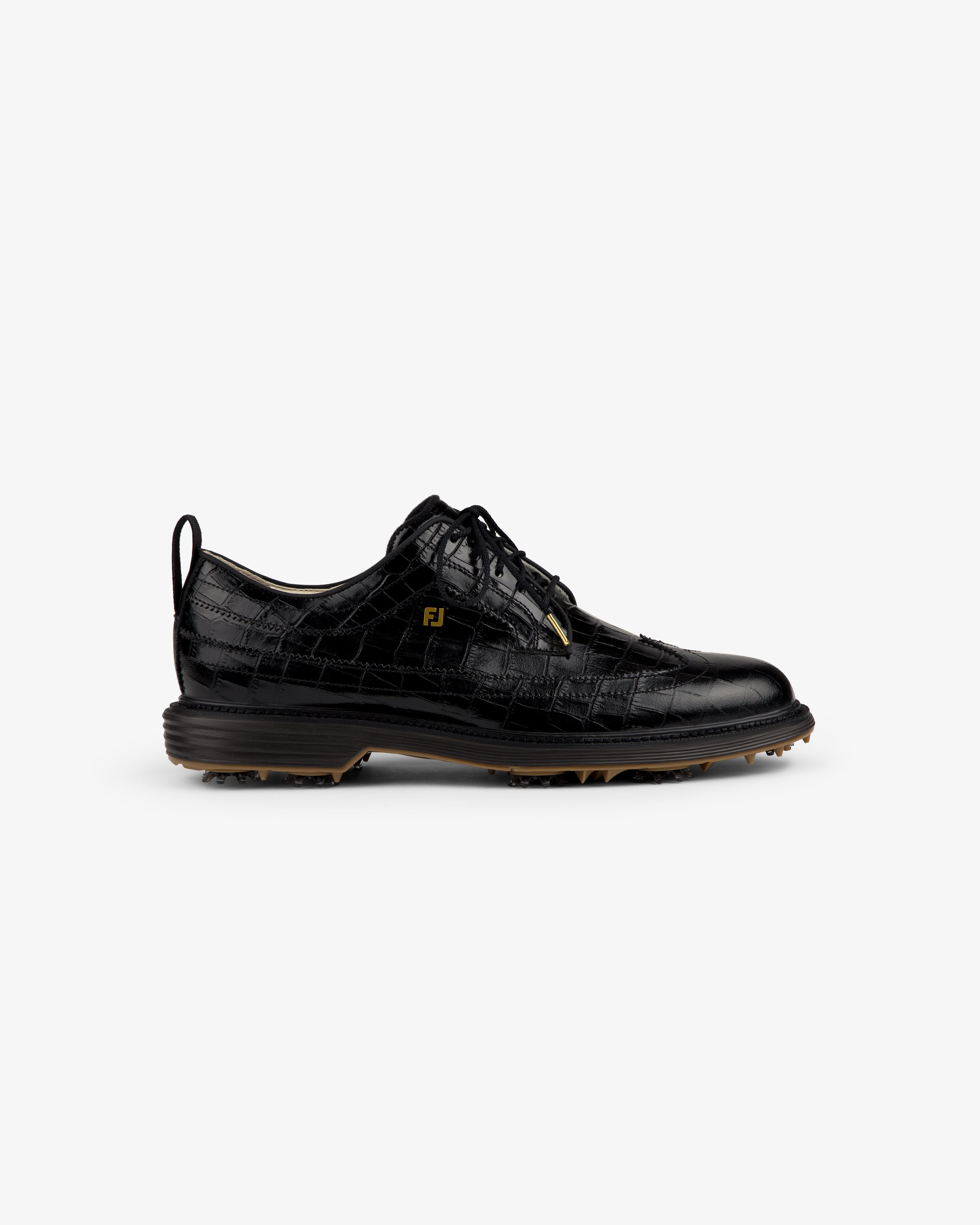 ALD / Footjoy Croc-Embossed Premiere Series Marquis: black leather golf shoe with textured pattern, lace-up, FJ logo.