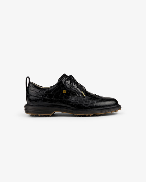 ALD / Footjoy Croc-Embossed Premiere Series Marquis: black leather golf shoe with textured pattern, lace-up, FJ logo.