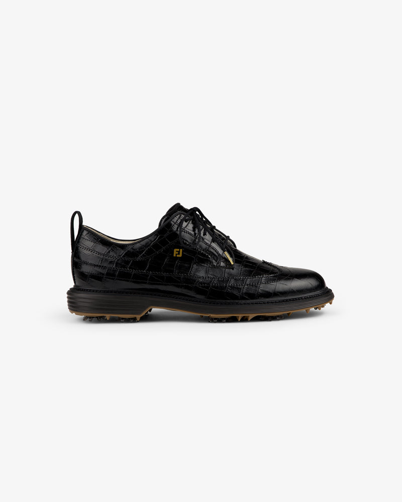 ALD / Footjoy Croc-Embossed Premiere Series Marquis: black leather golf shoe with textured pattern, lace-up, FJ logo.