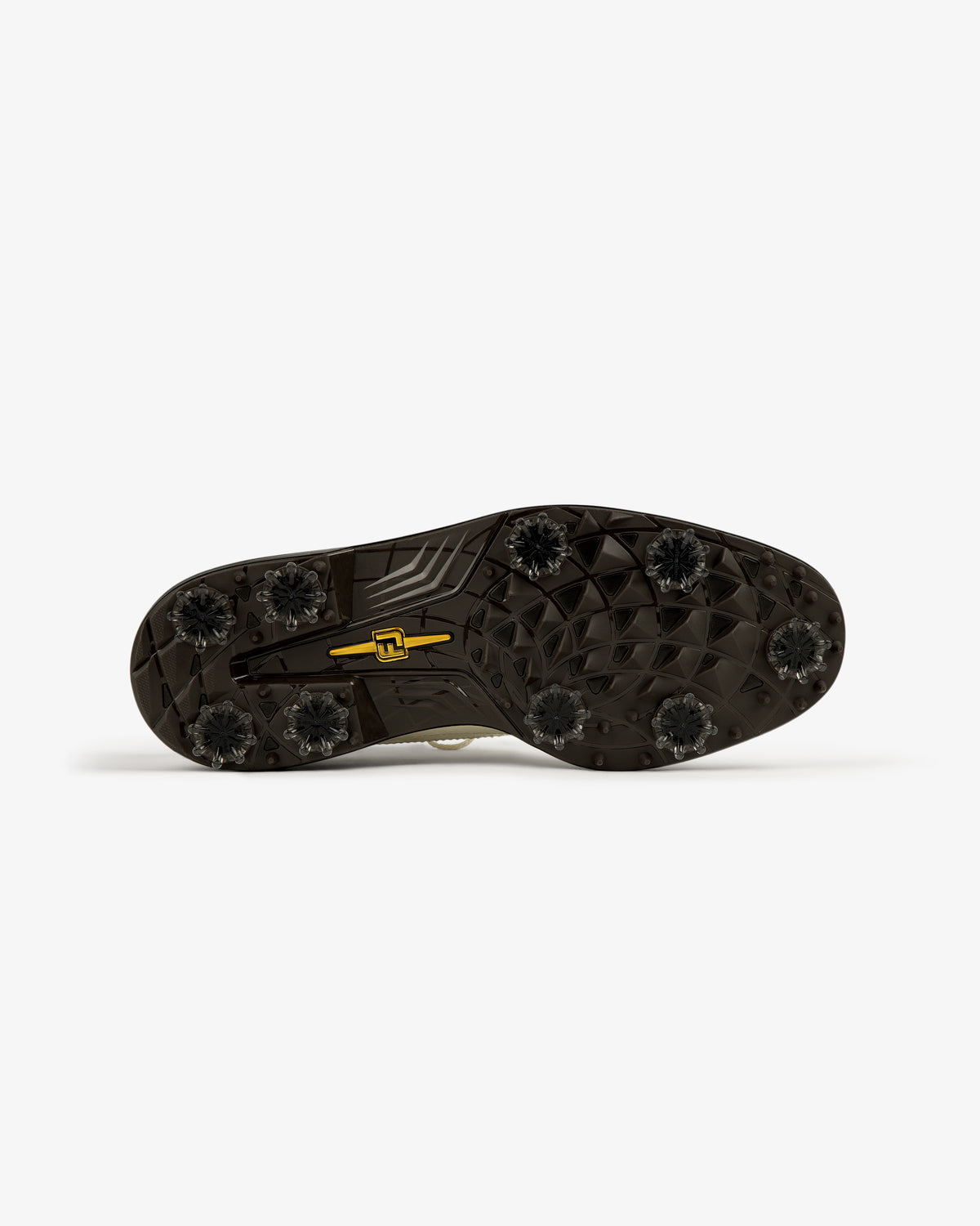 ALD / Footjoy Croc-Embossed Premiere Series Marquis golf shoe sole with six spikes, yellow logo center, bottom view.