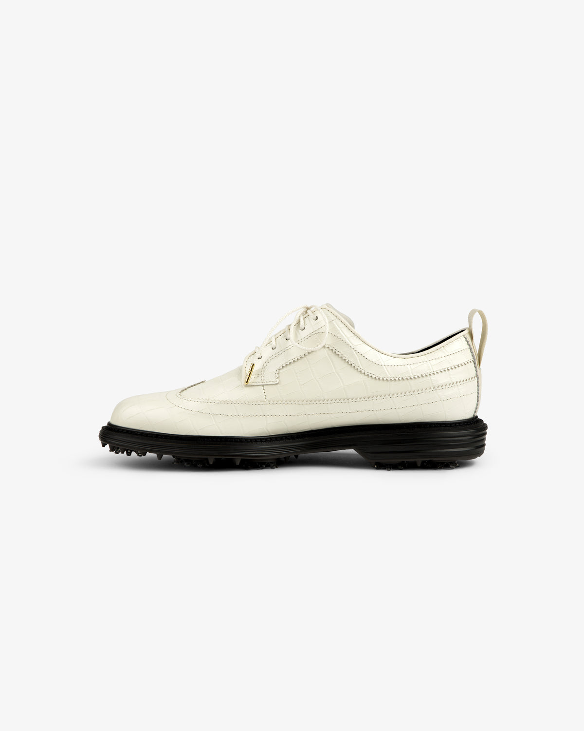 ALD / Footjoy Croc-Embossed Premiere Series Marquis in white leather with black sole, side view on white background.