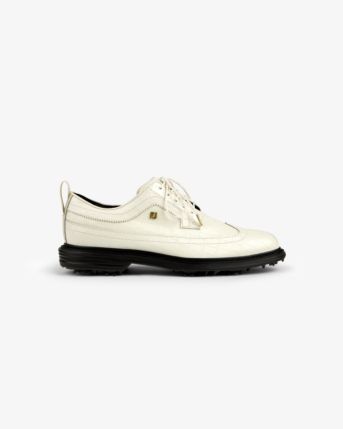 Side view of the ALD/Footjoy Croc-Embossed Premiere Series Marquis white golf shoe with a black sole on white.