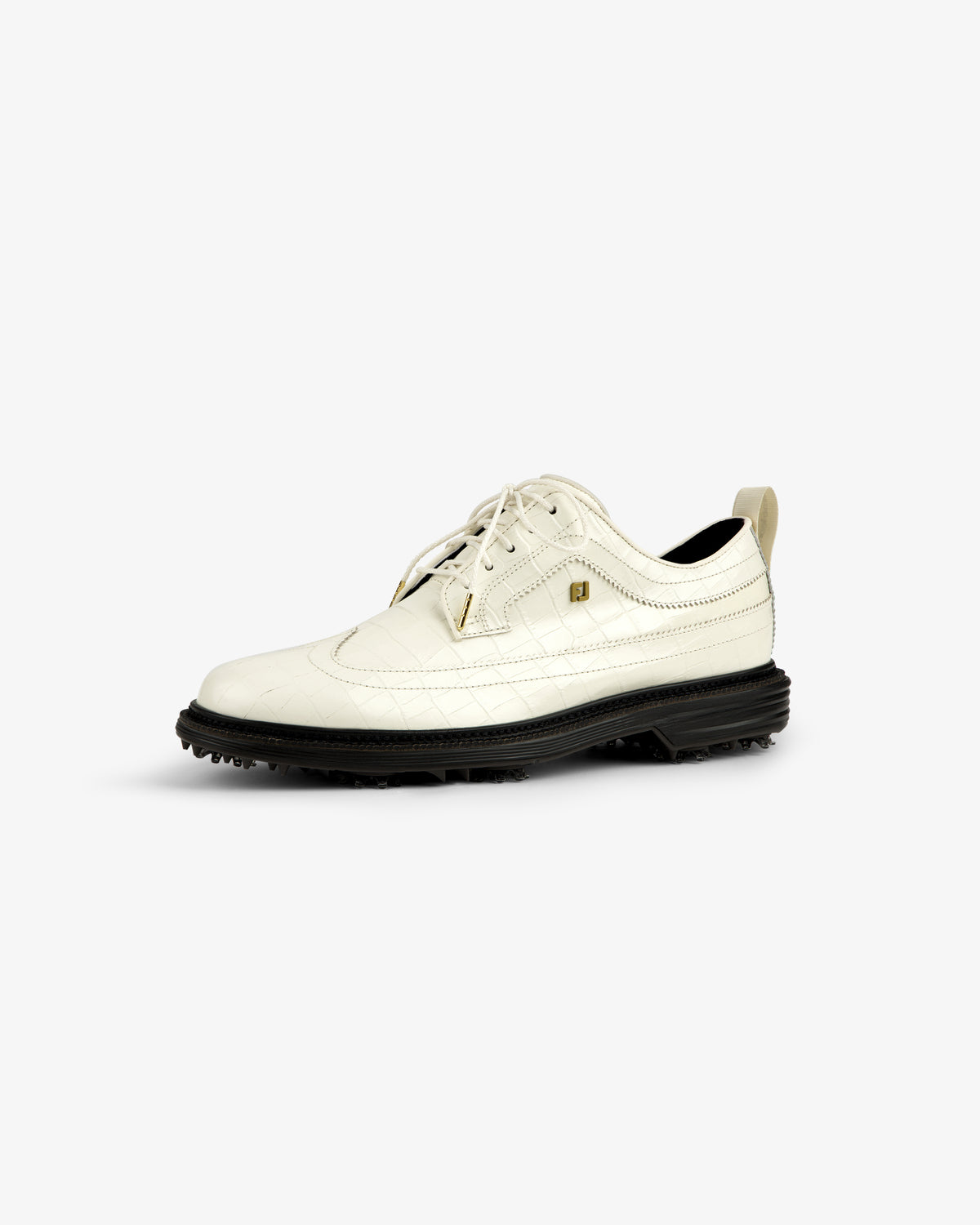 ALD / Footjoy Croc-Embossed Premiere Series Marquis in white leather with laces, black textured sole on white background.