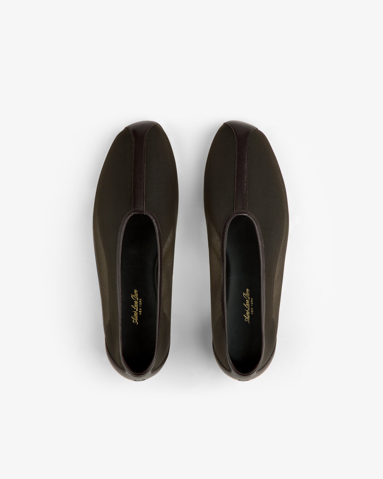 A pair of Mesh Ballet Flats in dark brown viewed from above on a plain white background.