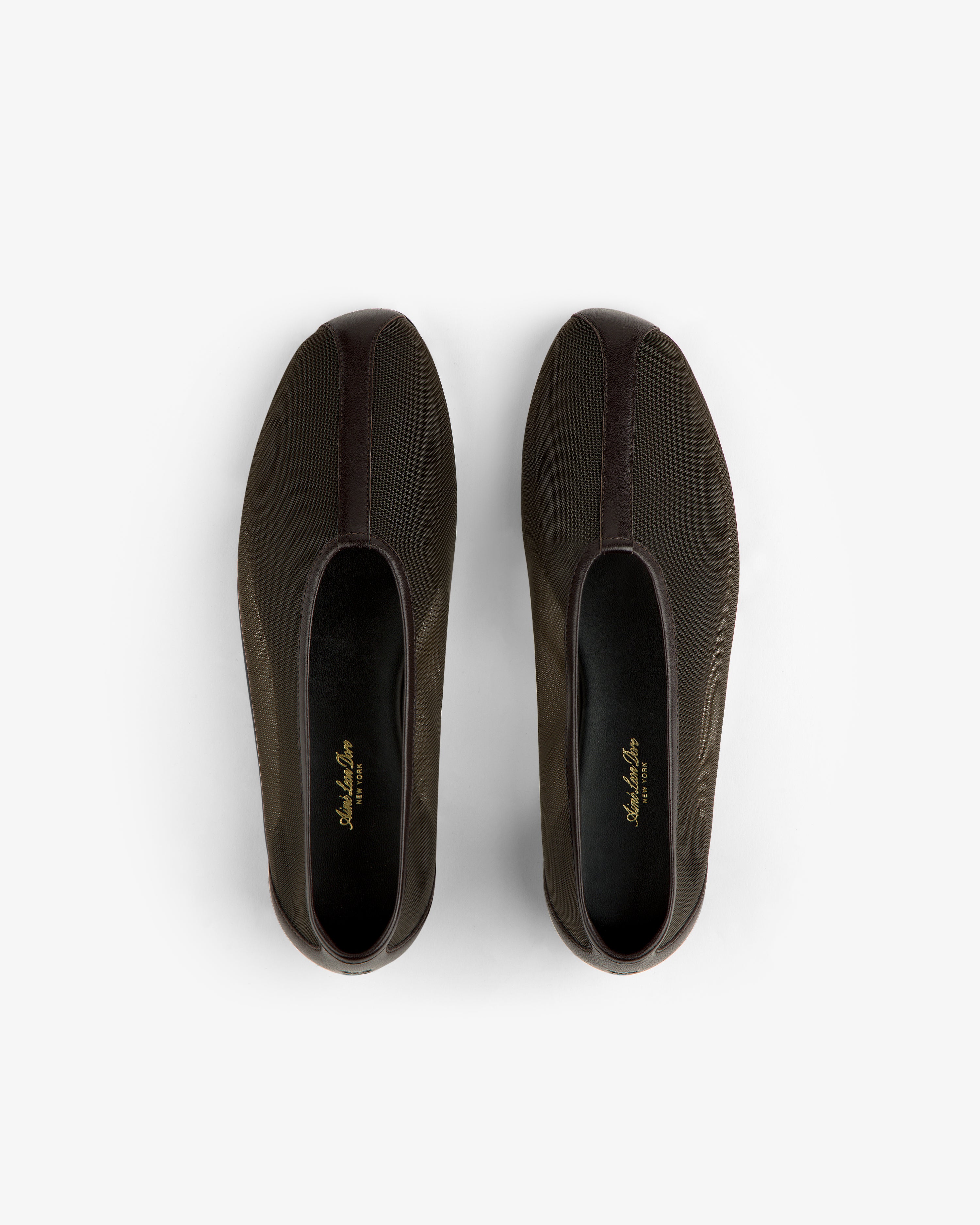A pair of Mesh Ballet Flats in dark brown viewed from above on a plain white background.