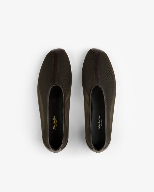 A pair of Mesh Ballet Flats in dark brown viewed from above on a plain white background.
