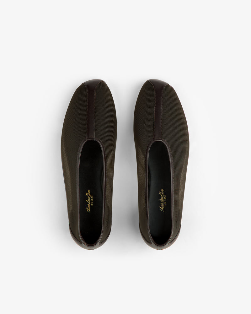 A pair of Mesh Ballet Flats in dark brown viewed from above on a plain white background.