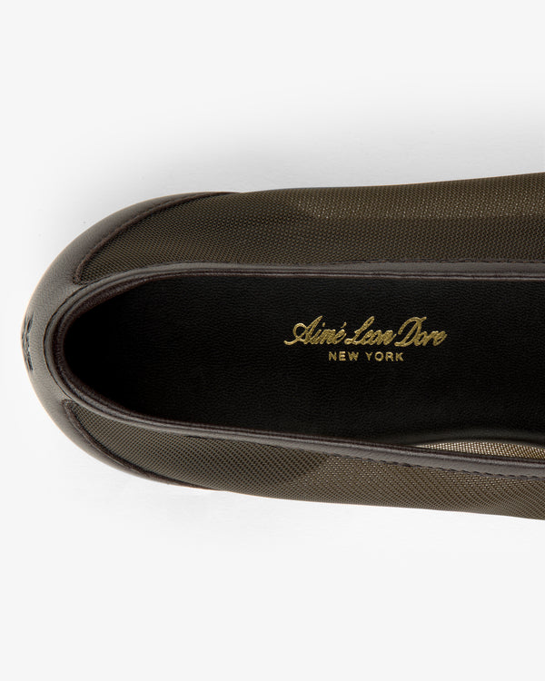 Top view of Mesh Ballet Flat with Aimé Leon Dore NEW YORK in gold on the black insole.