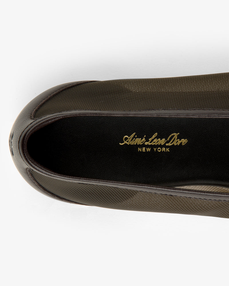 Top view of Mesh Ballet Flat with Aimé Leon Dore NEW YORK in gold on the black insole.