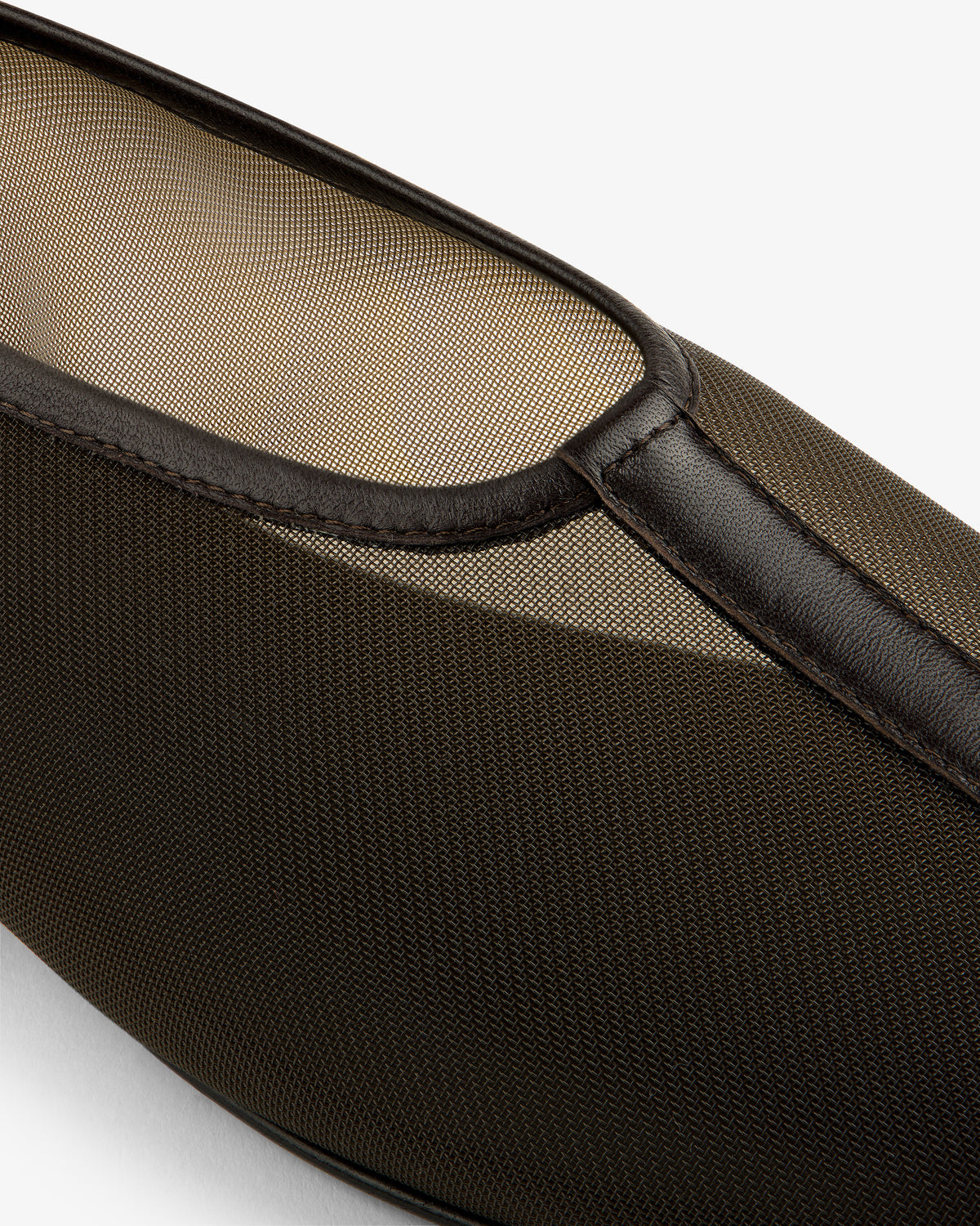 Close-up of Mesh Ballet Flat in brown with black trim, featuring detailed stitching and a mesh fabric upper.