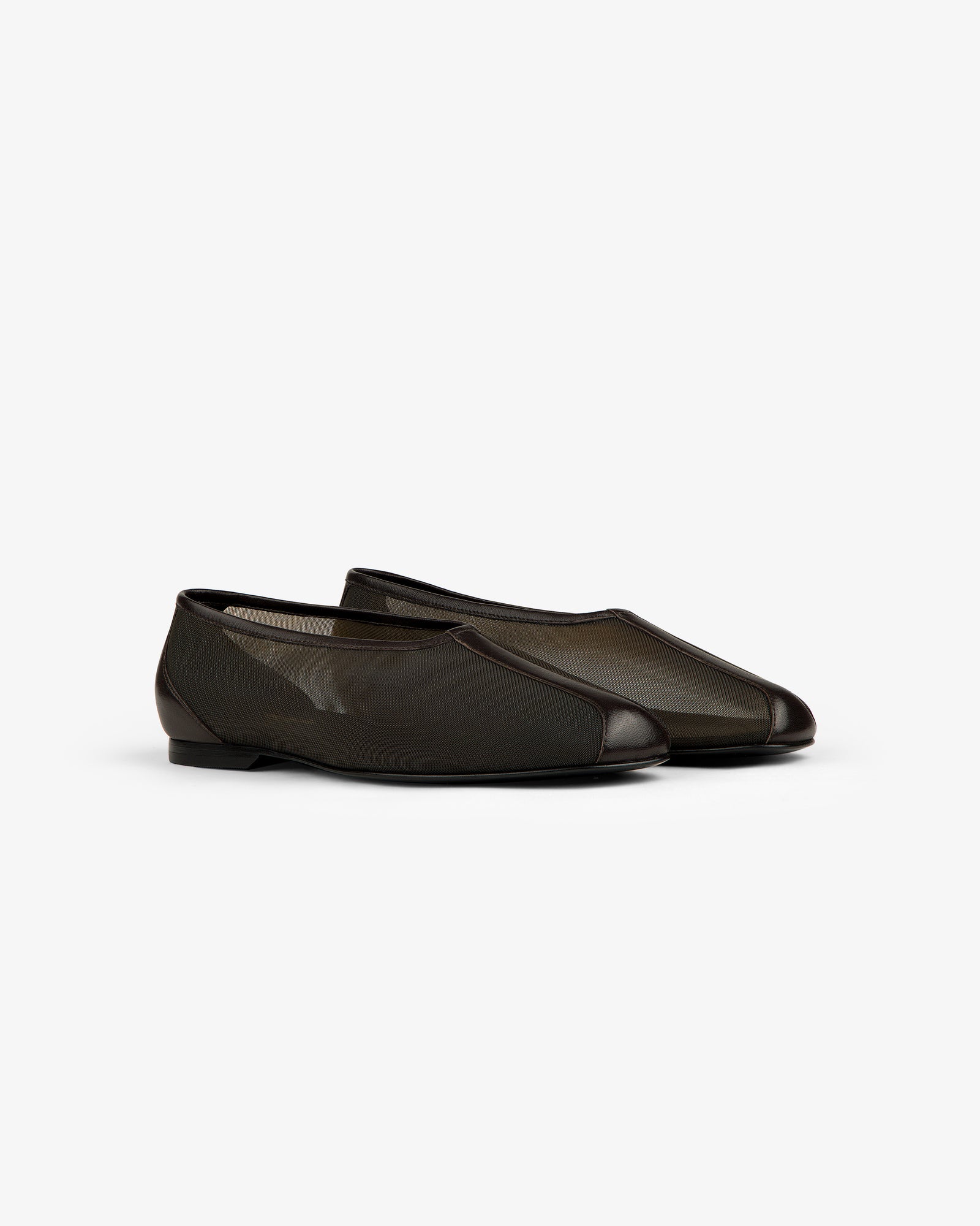 Black Mesh Ballet Flat slip-ons with low heels, shown on a white background.
