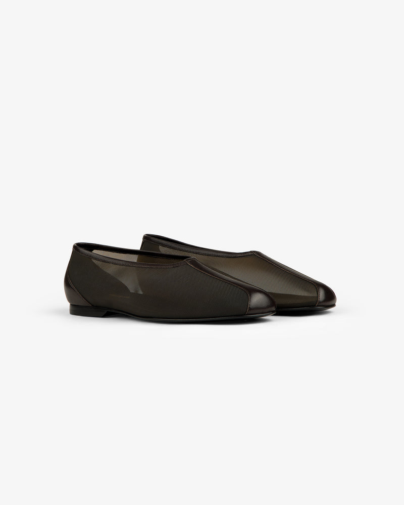 Black Mesh Ballet Flat slip-ons with low heels, shown on a white background.