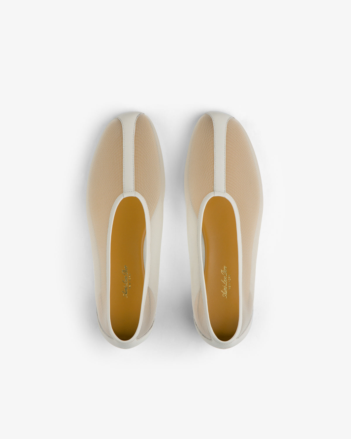 Top view of Mesh Ballet Flat in beige with white trim and tan insoles on a white background.