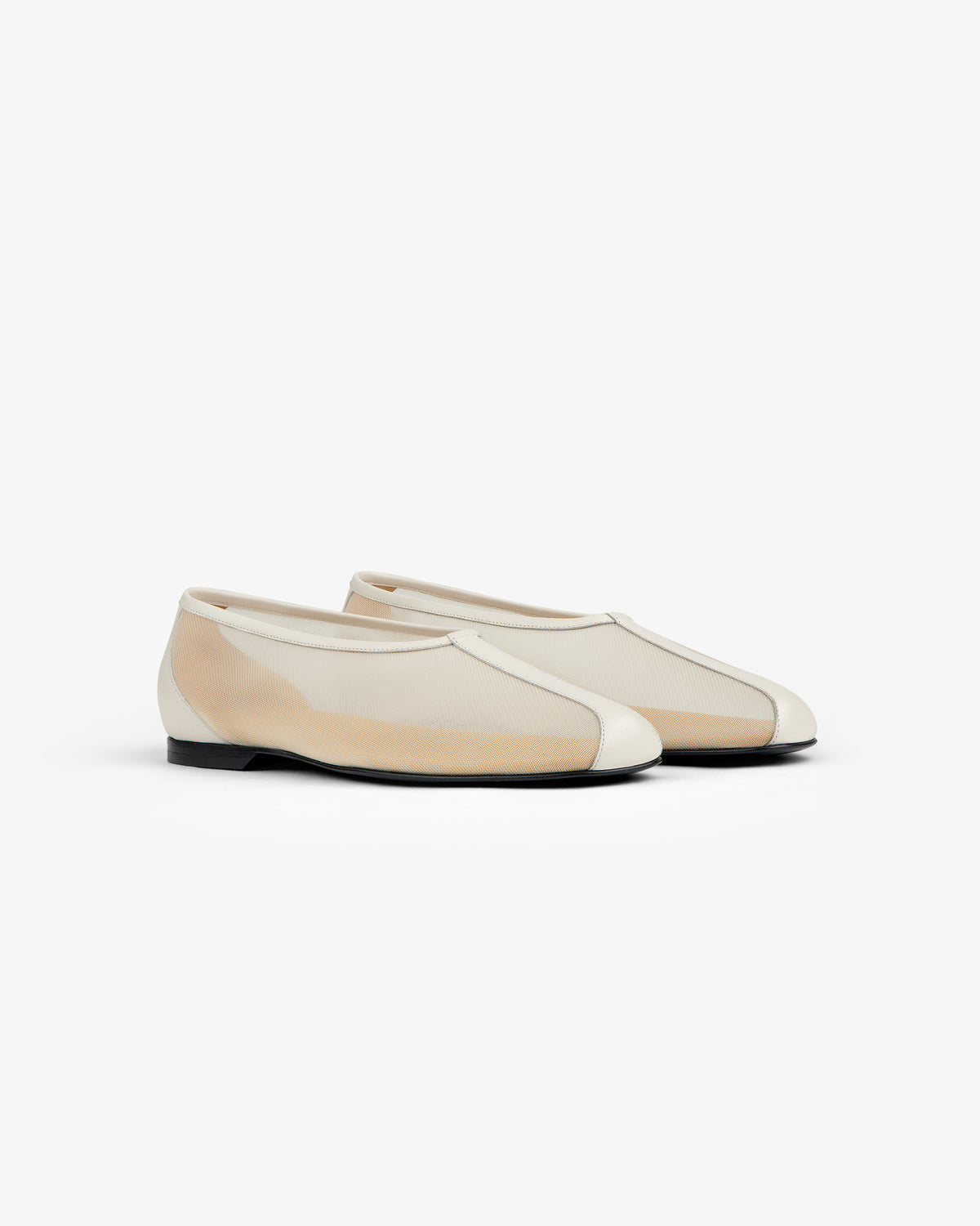 Mesh Ballet Flat in cream and beige mesh with black soles, slip-on style, shown on a white background.