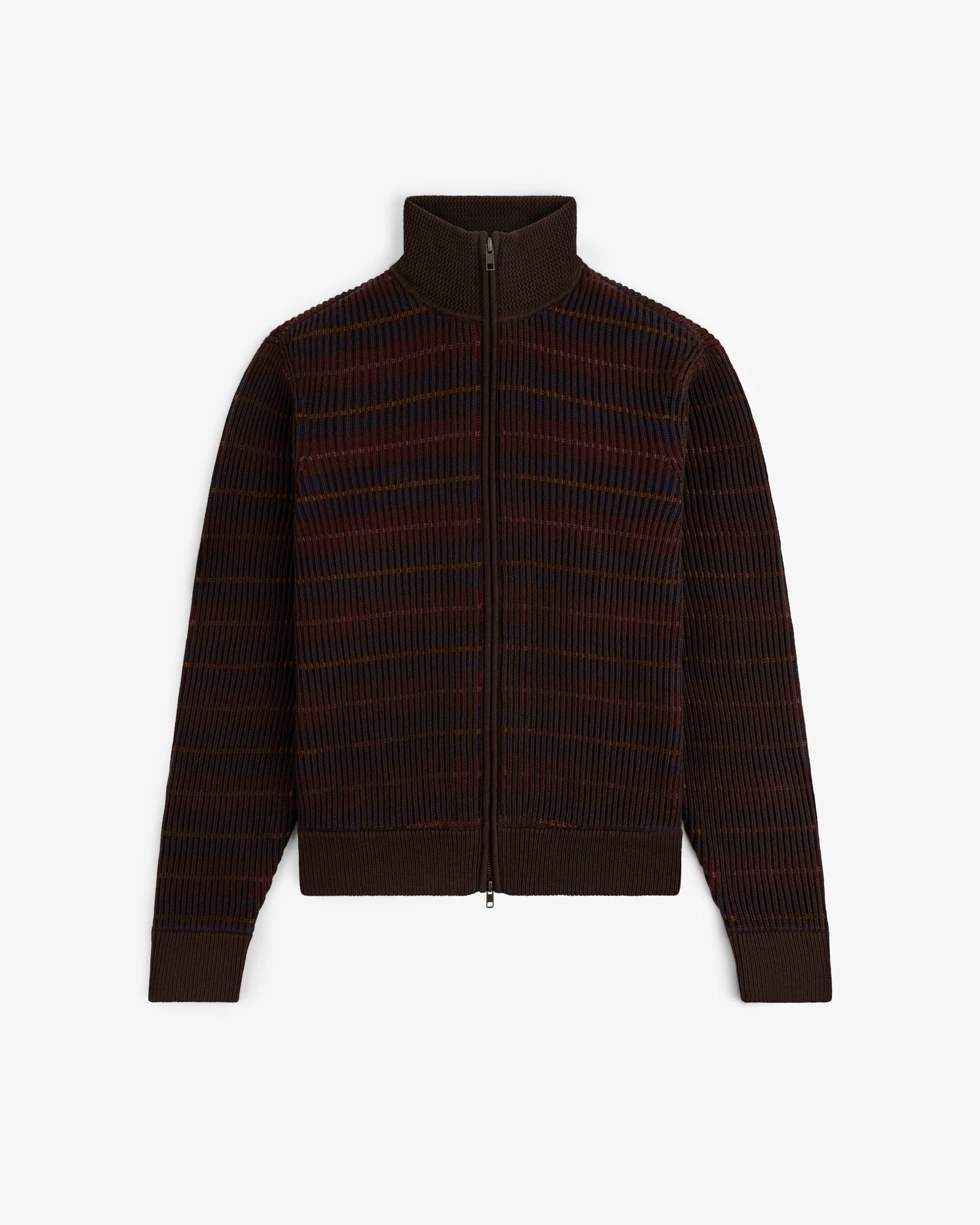 Multi Color Knit Track Sweater with ribbed texture and subtle blue and red stripes, laid flat on a white background.