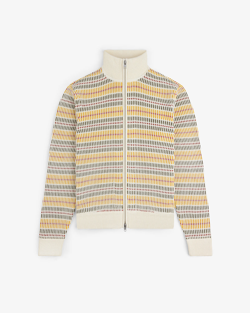 Multi Color Knit Track Sweater: cream zip-up with multicolored stitched stripes and ribbed collar, cuffs, and hem.