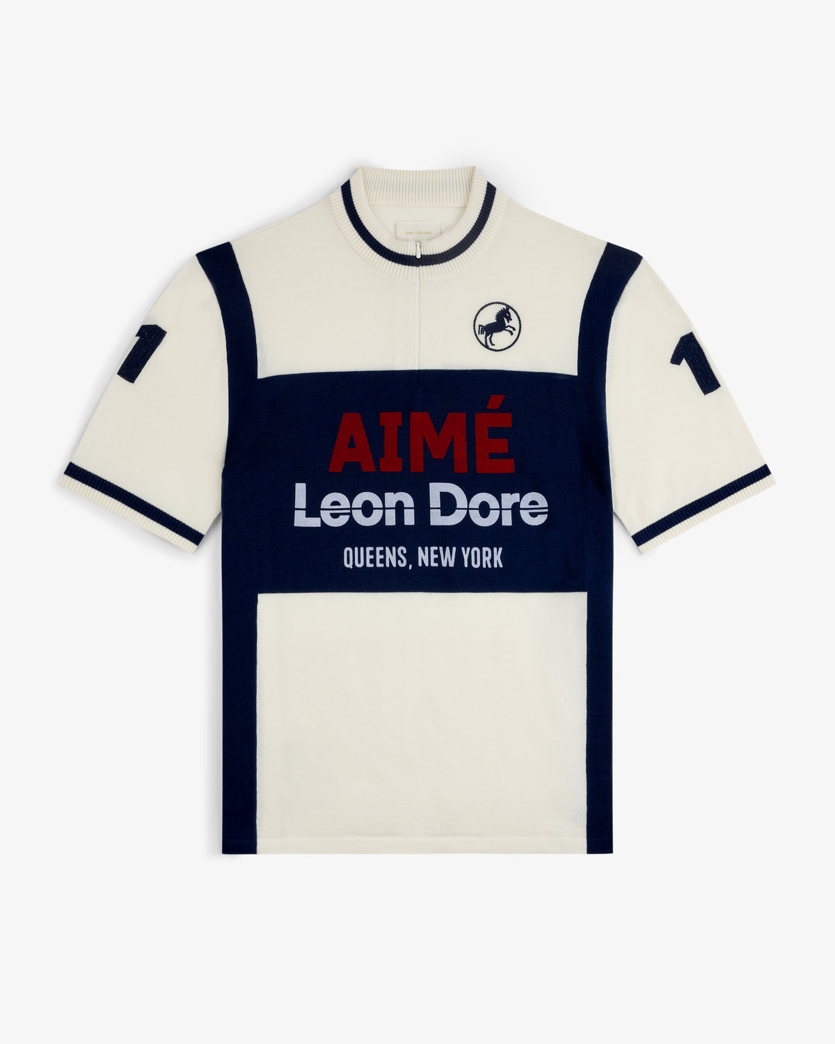 Cream and navy Merino Wool Cycling Jersey with AIMÉ Leon Dore QUEENS, NEW YORK text and number 10 on sleeves.