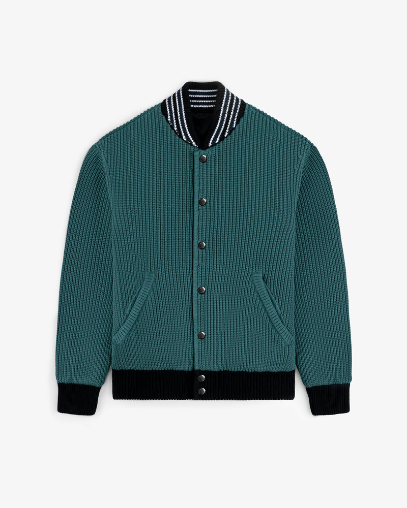 Reversible Knit Bomber Jacket in teal ribbed knit with black and white striped collar, black cuffs, and button front.