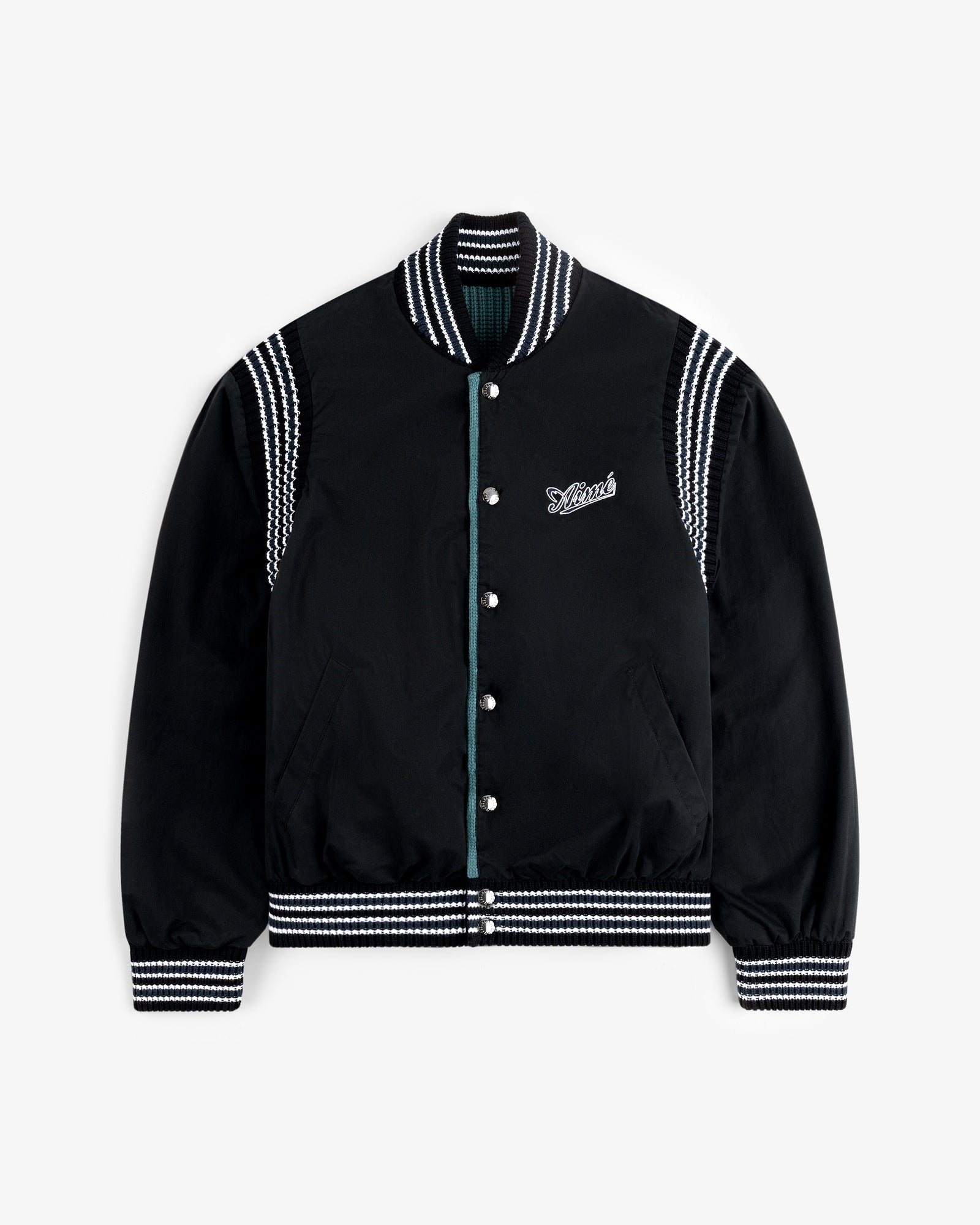 Reversible Knit Bomber Jacket with black body, white striped trim, and embroidered logo on the left chest.
