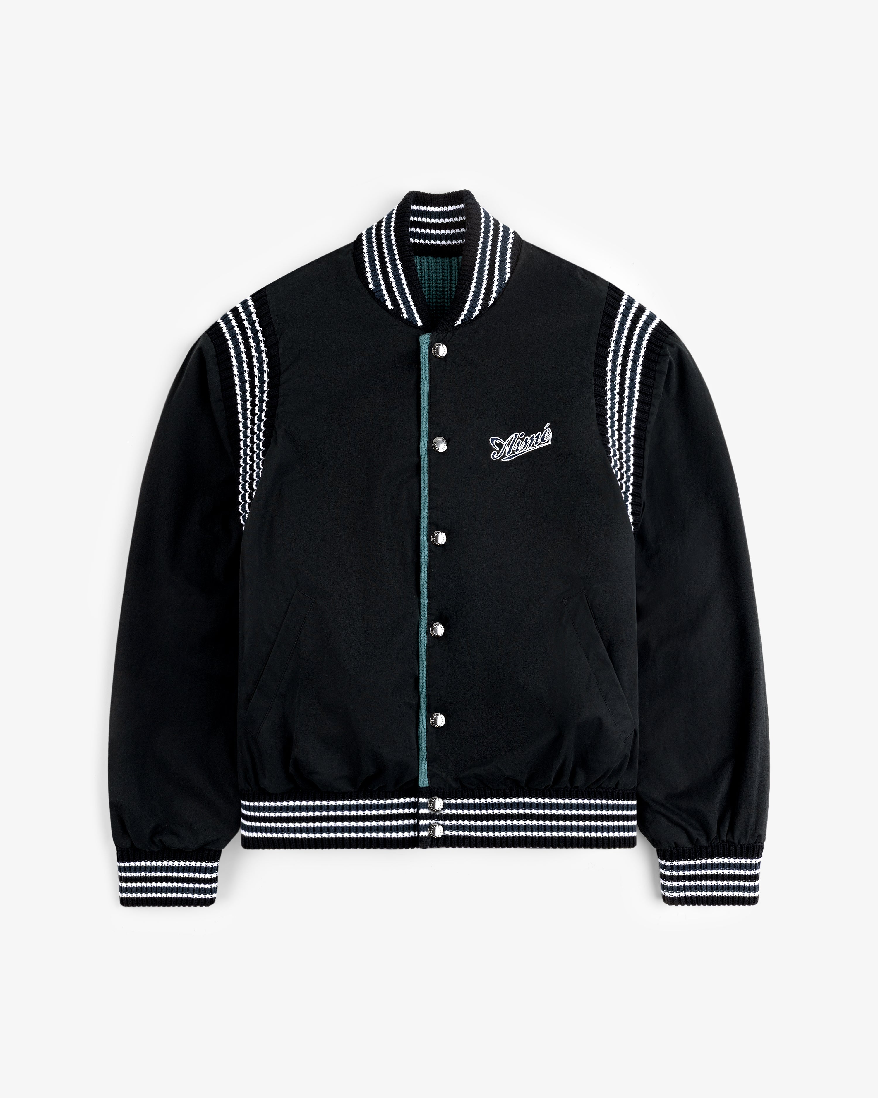 Reversible Knit Bomber Jacket with black body, white striped trim, and embroidered logo on the left chest.