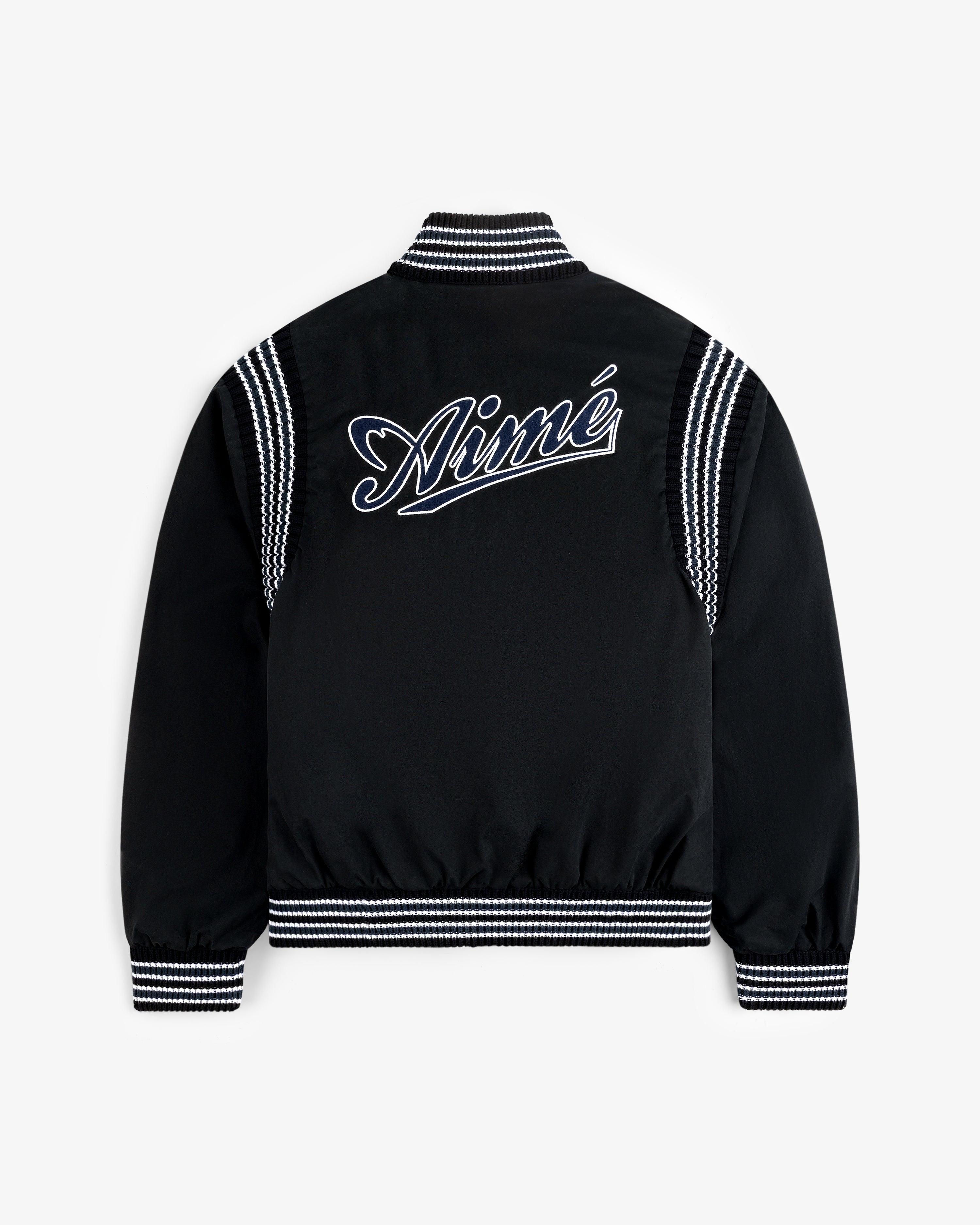 Reversible Knit Bomber Jacket with black body, white striped cuffs and collar, and Aimé script on the back.