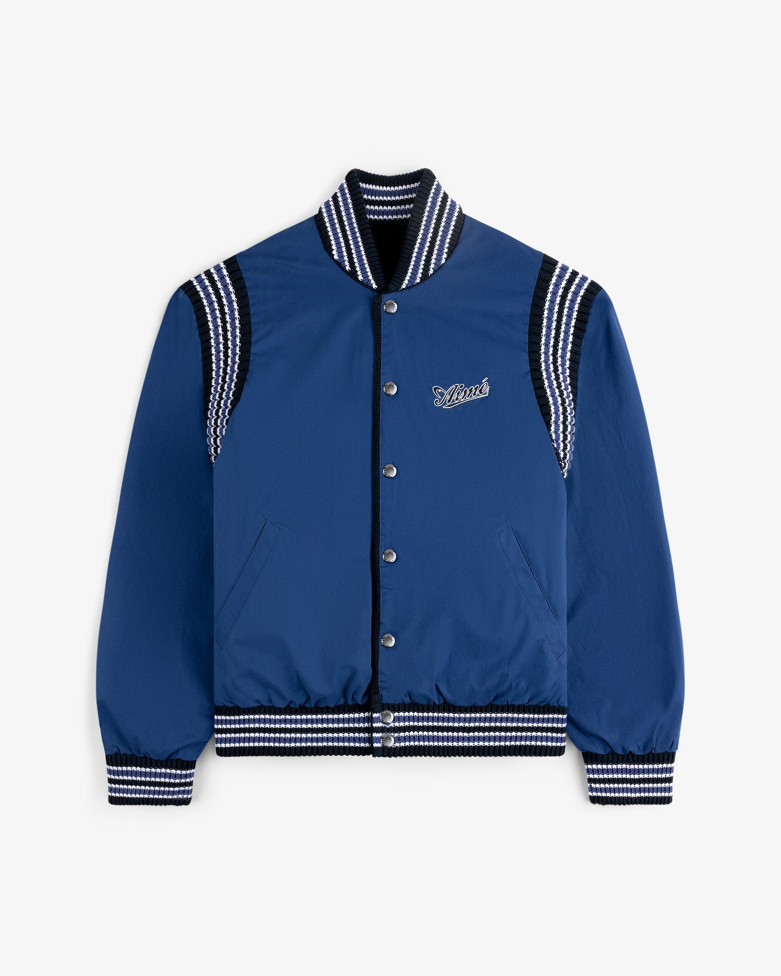 Reversible Knit Bomber Jacket in blue with striped ribbed trim and "Lover" embroidered on the chest.