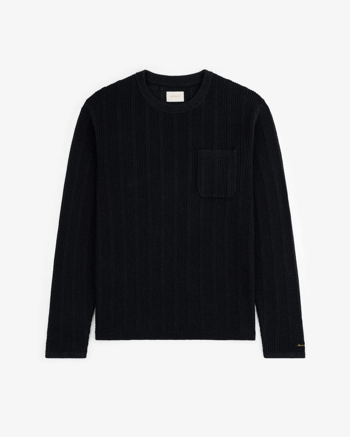 Black Racking Stitch Crewneck Sweater with long sleeves and chest pocket, shown flat on a white background.