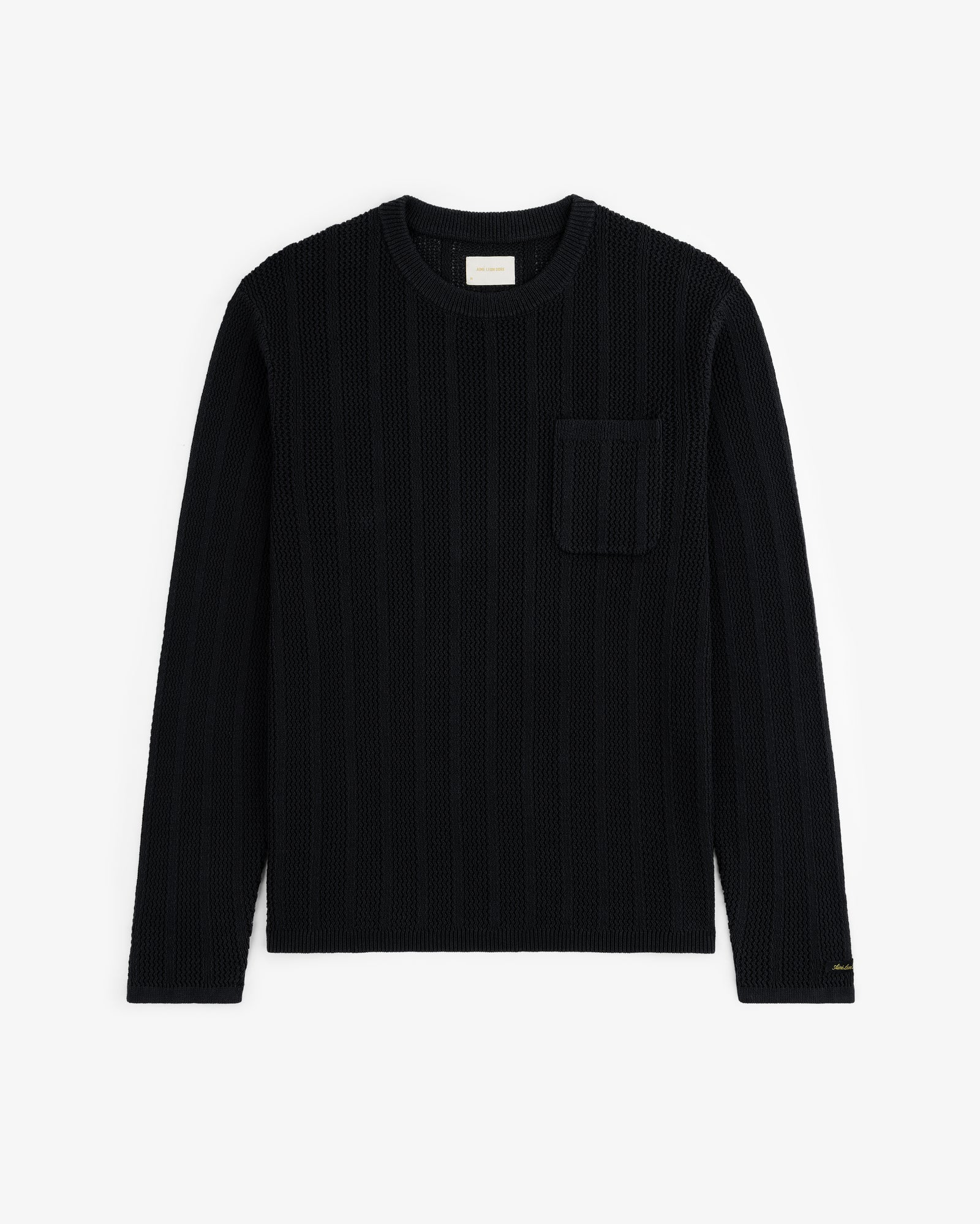 Black Racking Stitch Crewneck Sweater with long sleeves and chest pocket, shown flat on a white background.