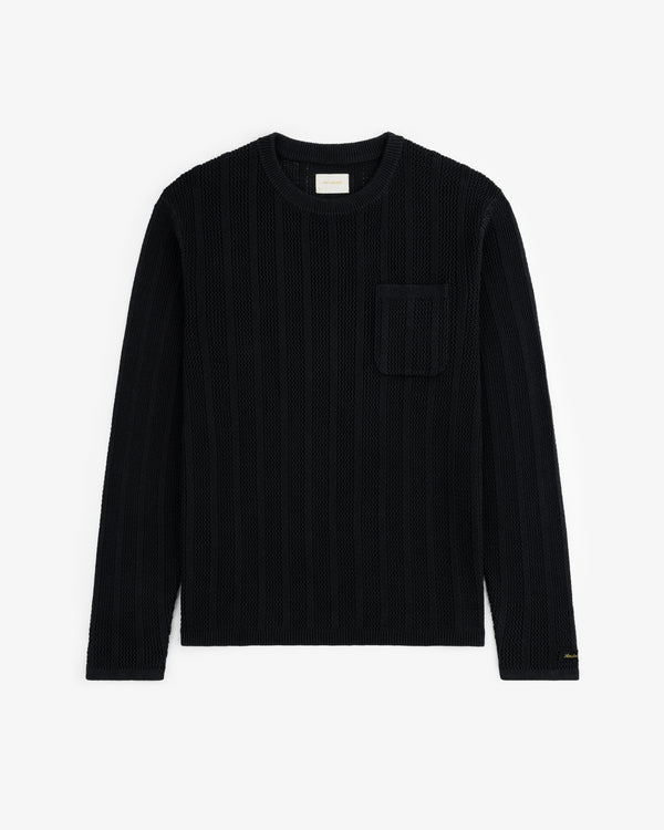 Black Racking Stitch Crewneck Sweater with long sleeves and chest pocket, shown flat on a white background.