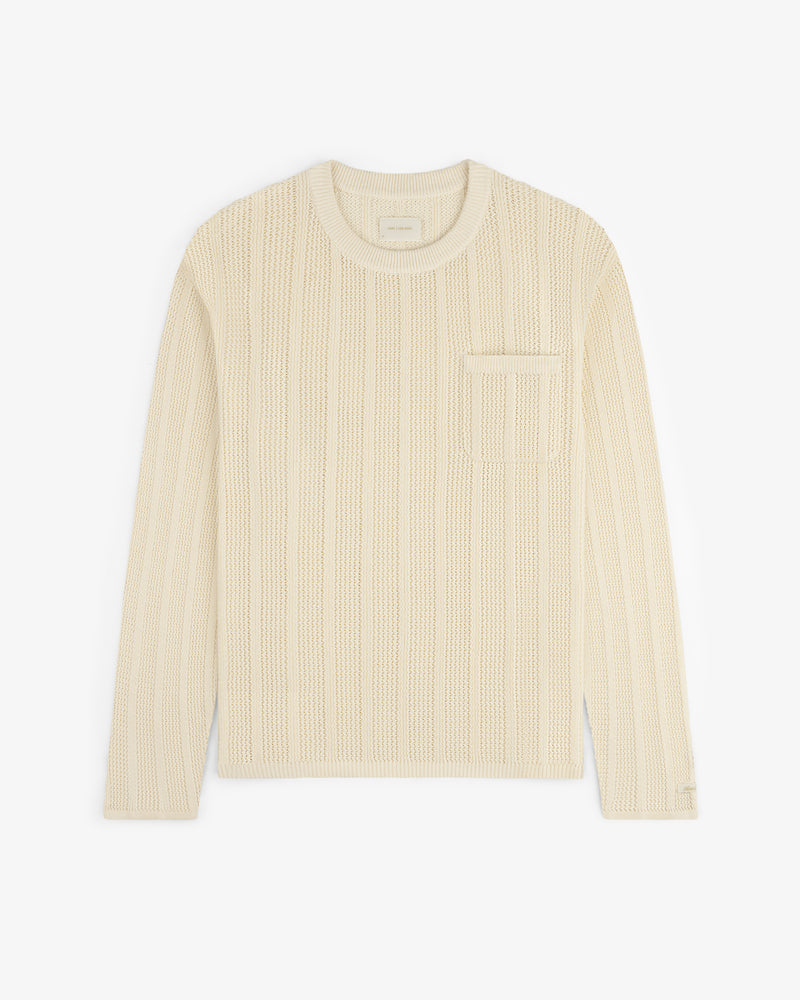 Cream-colored Racking Stitch Crewneck Sweater with long sleeves and chest pocket, shown flat on white background.
