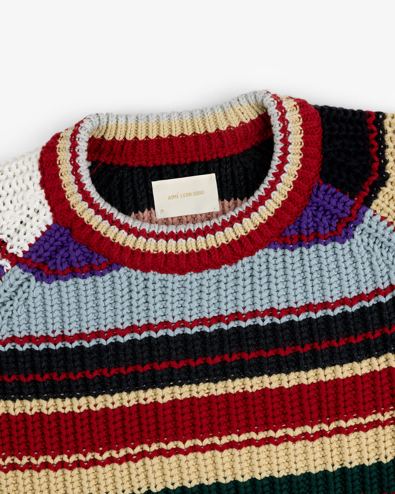 Close-up of the Striped Crewneck Sweater featuring multicolored stripes and a visible label on the collar.