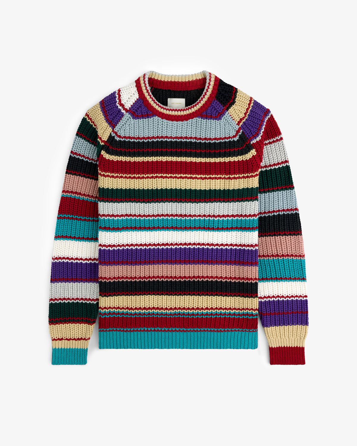 The Striped Crewneck Sweater features horizontal stripes in red, green, purple, teal, yellow, and white.